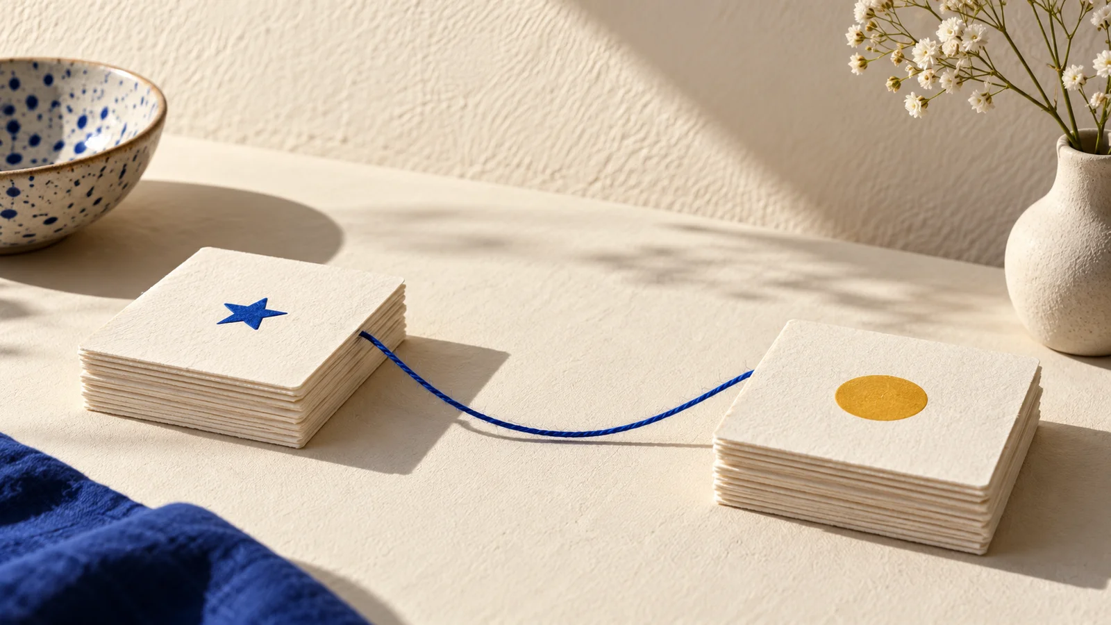 Editorial still life illustrating two children, two levels. one calmer quiz routine